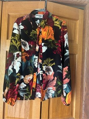 BUCKETLIST Black Floral Button-Down Shirt with Multicolor Blooms.